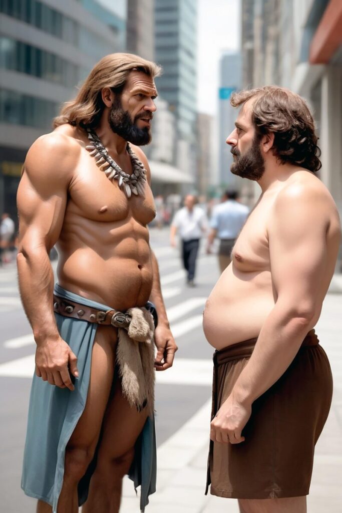 men, portrait, ancient, modern, obese, muscled, body, abdominal muscles, pose, watch, fantasia, generated to